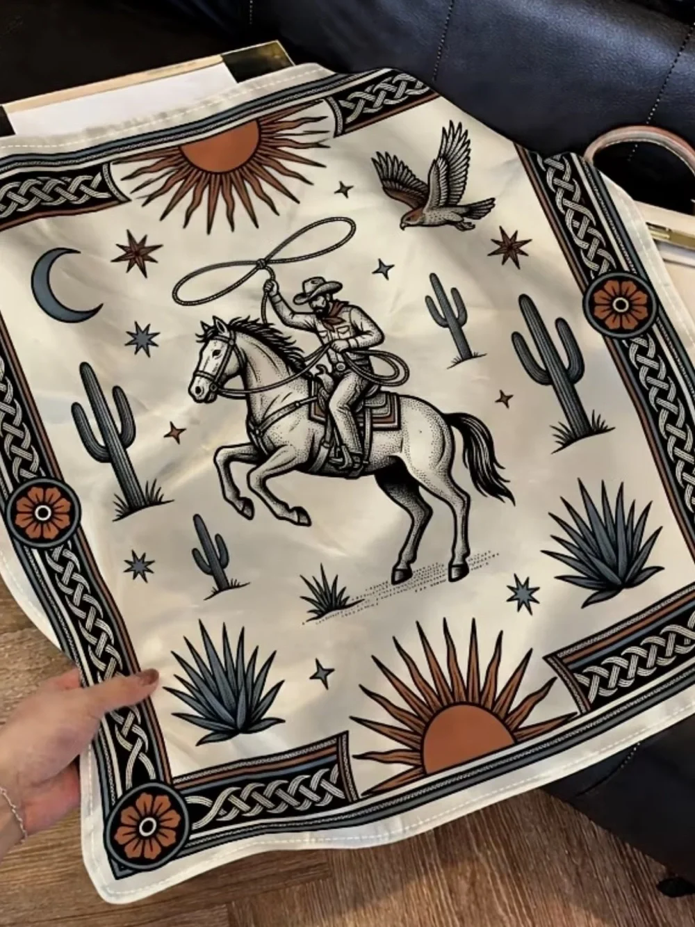 Western Cowboy Print Satin Scarf - Cream and Brown